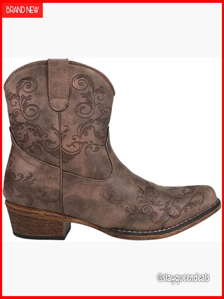 Western Ankle Boots Low Heel Pull On Casual Faux Leather Embroidered